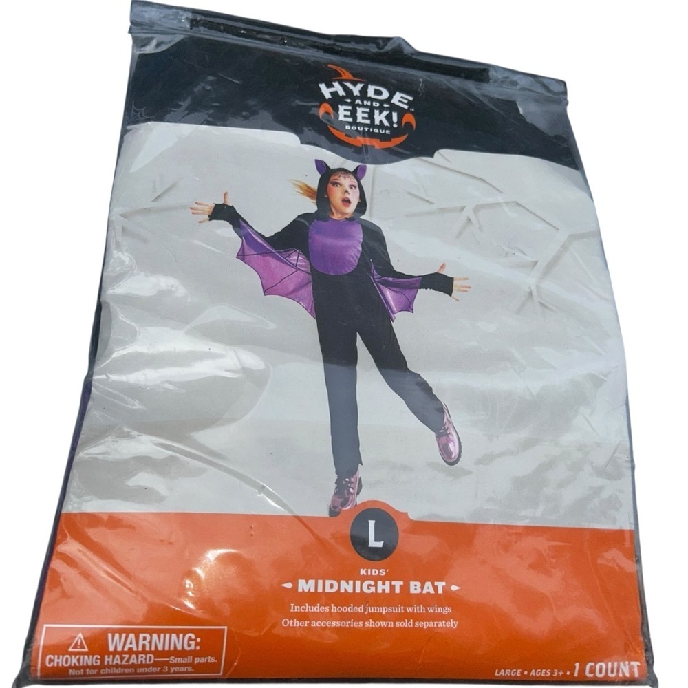 New girls midnight bat hooded jumpsuit with wings halloween costume Large 10/12